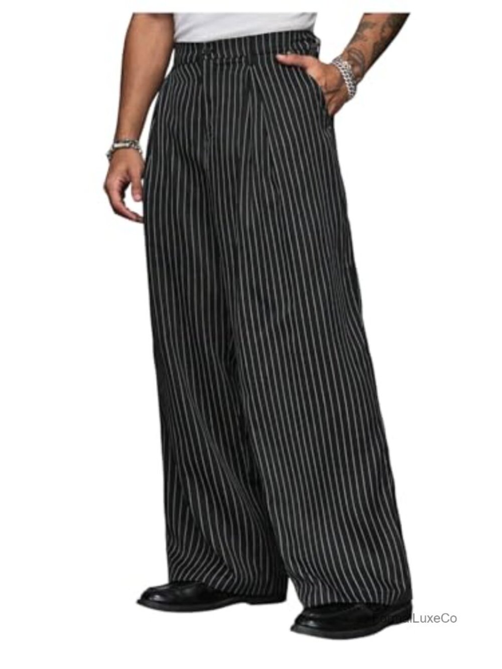 Men's Baggy Dress Pants Striped Pleated Wide Leg Slacks Loose Fit